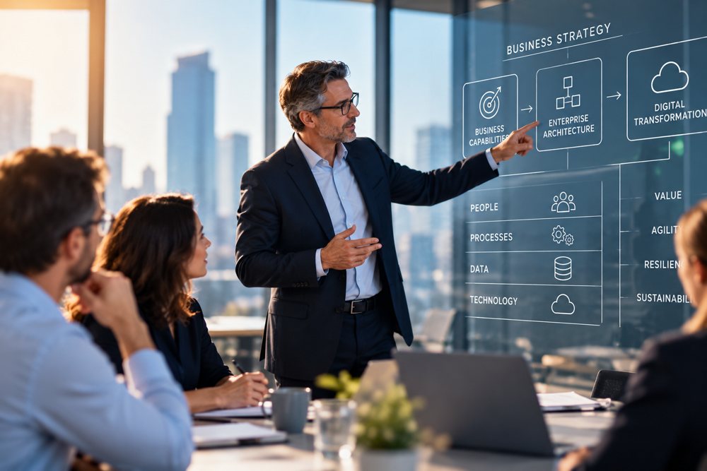 Architecture leader presenting enterprise architecture strategy to a team